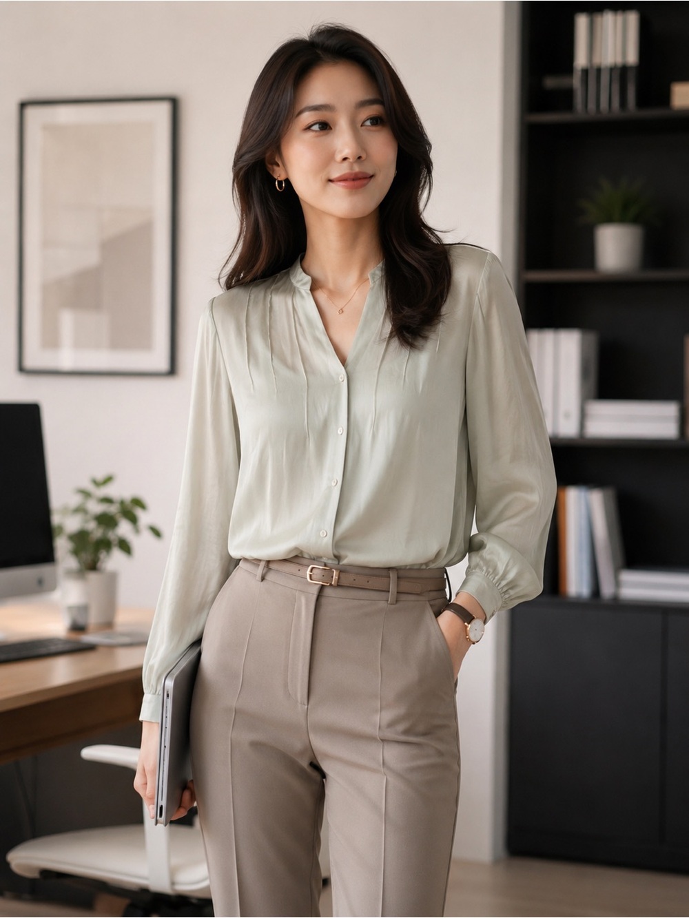 Light Sage V-Neck Button Blouse Silk Office Siren Quiet Luxury Minimalist